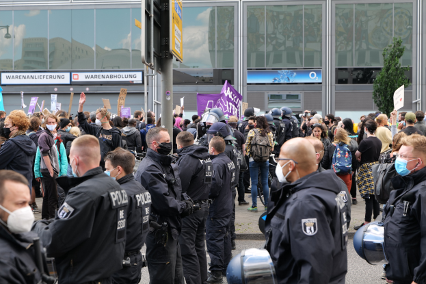 Große Menschenmenge vor einem Gebäude protestierend, einige halten Schilder und tragen Helme, mit einem Mast und Schild im Vordergrund und einem Baum im Hintergrund.