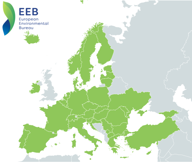 Eine Europa-Karte mit verschiedenen Grüntönen, die unterschiedliche Regionen darstellen, und dem Logo des European Environmental Bureau oben links.
