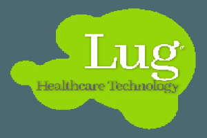 Logo von Lug Healthcare Technology, das eine fette schwarze Schrift in der Mitte eines weißen Hintergrunds zeigt, umgeben von einem blauen und weißen Design.