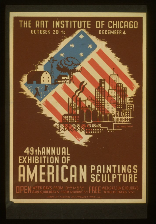 Plakat für die 49. Jahresausstellung des Art Institute of Chicago für Amerik. Malerei und Skulptur, mit Text und Bildern zum Ereignis.