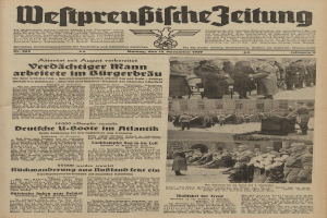Schwarze-weißer Titelseite einer deutschen Zeitung vom 13. November 1939, betitelt 'Weitpreubliche Zeitung', zeigt eine Gruppe von Menschen in traditioneller deutscher Tracht in einer feierlichen Szenerie.