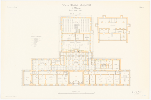Schwarzes und weißes architektonisches Grundrissbild der Kaiser-Wilhelm-Bibliothek in Dresden, Deutschland, mit detaillierten Raumplänen und begleitendem Text.