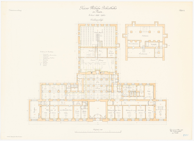 Schwarzes und weißes architektonisches Grundrissbild der Kaiser-Wilhelm-Bibliothek in Dresden, Deutschland, mit detaillierten Raumplänen und begleitendem Text.