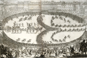 Eine Gravur, die die Schlacht von Waterloo zeigt, mit einer großen Menschenmenge, die in einer Arena kämpft, umgeben von Gebäuden, unter einem tiefblauen Himmel mit vereinzelten Wolken.