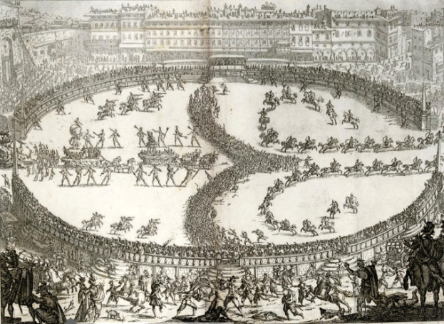 Eine Gravur, die die Schlacht von Waterloo zeigt, mit einer großen Menschenmenge, die in einer Arena kämpft, umgeben von Gebäuden, unter einem tiefblauen Himmel mit vereinzelten Wolken.