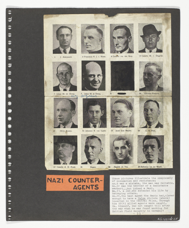 Ein Schwarz-Weiß-Foto eines Mannes im Anzug und Krawatte mit dunklem, zurückgekämmtem Haar, der direkt in die Kamera schaut und einen ernsten Ausdruck hat, mit den Worten 'Nazi-Gegenspionage' darauf geschrieben.