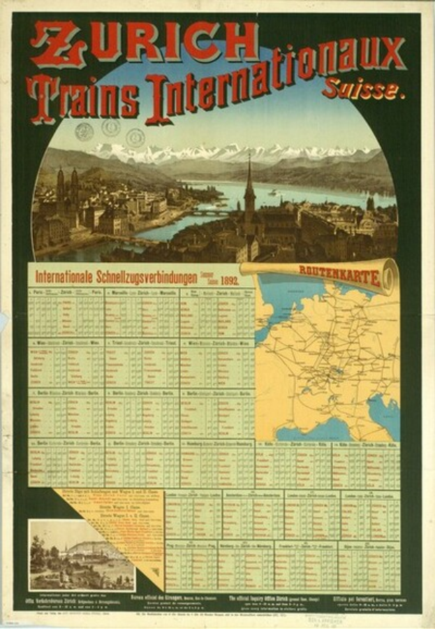 Ein Vintage-Plakat, das die Zürich Trains Internationalaux in der Schweiz bewirbt, mit einer Stadtkarte, Gebäuden, Wasser und Bergen im Hintergrund sowie Text.