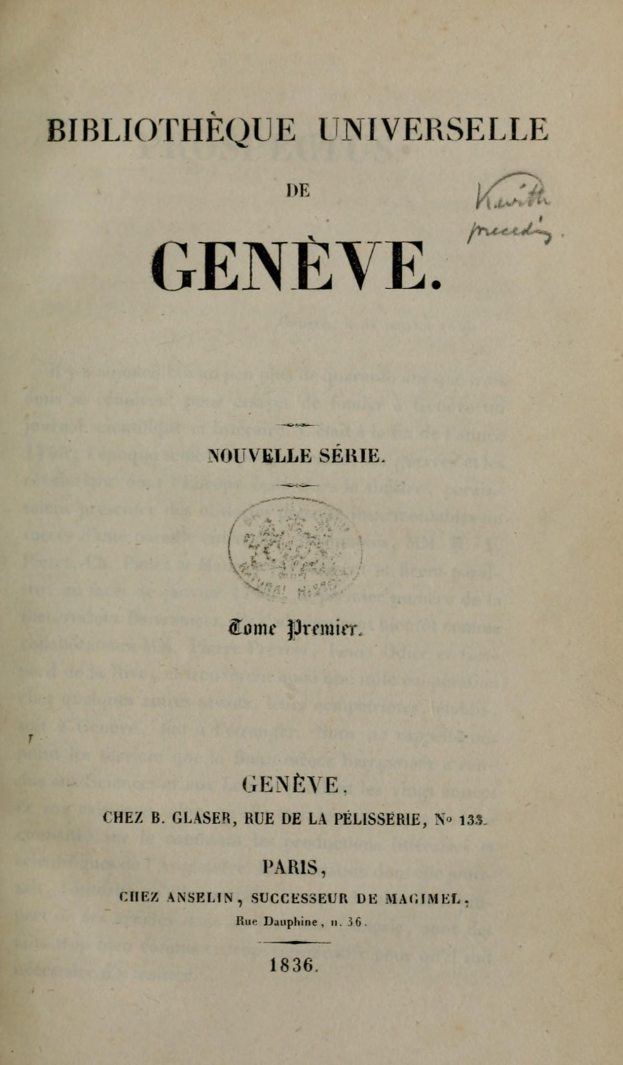Offenes Buch mit dem Titel 'Bibliothèque Universelle de Genève' und lesbarer Schrift im Inneren.