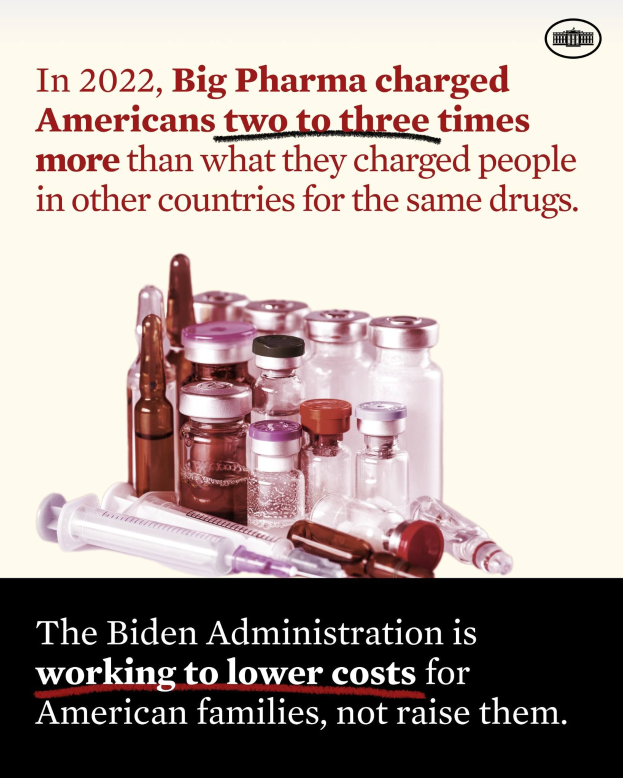 Plakat, das zeigt, dass Big Pharma 2022 Amerikanern zwei bis drei Mal so viel für dieselben Medikamente berechnet hat wie in anderen Ländern, mit Bildern von Medikamentenflaschen und einer Spritze darunter.