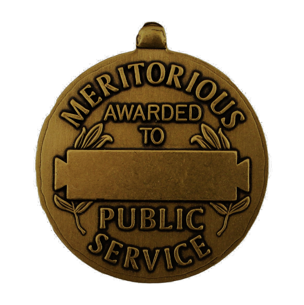 Eine Bronzemedaille mit der Inschrift 'Verdienstmedaille für den öffentlichen Dienst' auf einem weißen Hintergrund.