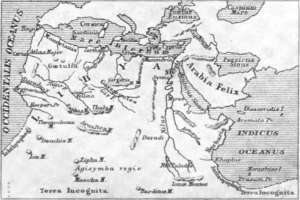 Ein Plakat mit einer Karte des Nahen Ostens, das das Ausmaß des persischen Reichs zeigt, gefüllt mit beschreibendem Text.