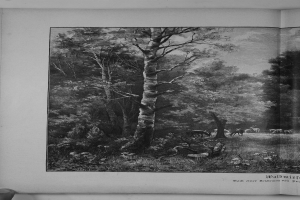 Ein aufgeschlagenes Buch mit einer Schwarz-Weiß-Zeichnung einer Waldszene mit Bäumen, Pflanzen, Gras, Tieren und Himmel, mit Text am unteren Rand.