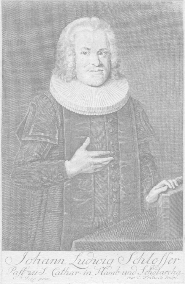 Eine Schwarz-Weiß-Gravur von Johann Ludwig Schloffer, ein Mann mit ernstem Gesichtsausdruck, der ein Buch hält, mit Text unten.