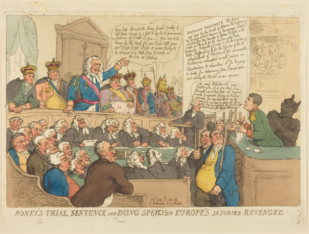 Eine Karikatur einer Gerichtsszene mit einer Gruppe von Menschen, die sitzen, und einem Mann in der Mitte, einem Tisch mit verschiedenen Gegenständen rechts und Text unten, der 'Boney's Trial, Sentence, and Dying Speech Europe's Injuries Revenged' lautet.