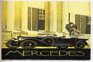 Vintage-Plakat aus den 1920er Jahren mit einem Mercedes-Benz-Auto, das vor einem modernen Gl├Ąserbau steht, mit zwei Personen im Auto und der schwarzen Schrift 'Mercedes-Benz' unten.