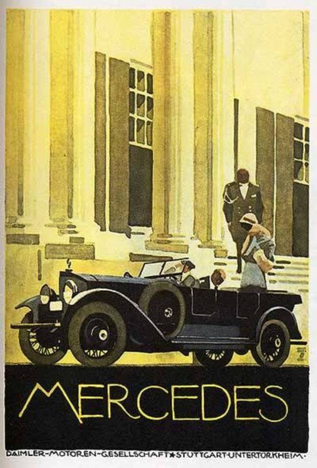 Vintage-Plakat aus den 1920er Jahren mit einem Mercedes-Benz-Auto, das vor einem modernen Gl├Ąserbau steht, mit zwei Personen im Auto und der schwarzen Schrift 'Mercedes-Benz' unten.