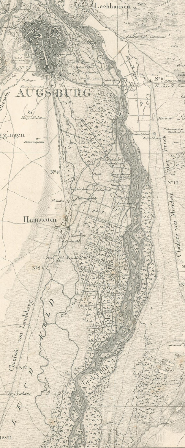 Detaillierte historische Karte von Augsburg, Deutschland, die Straßen, Gebäude und einen Fluss zeigt, der durch die Stadt fließt, mit Textanmerkungen.