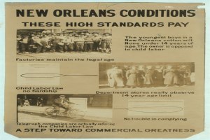 Ein Plakat mit dem Text "New Orleans Bedingungen: Diese hohen Standards zahlen sich aus" neben Bildern von Menschen, einer Person fährt Fahrrad.