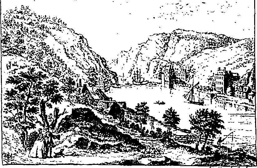 Schwarze und weiße Zeichnung einer bergigen Landschaft mit Bäumen, Gebäuden, Hügeln und Himmel, beschriftet mit "The Lake District" unten.