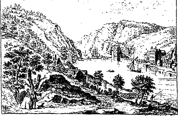 Schwarze und weiße Zeichnung einer bergigen Landschaft mit Bäumen, Gebäuden, Hügeln und Himmel, beschriftet mit "The Lake District" unten.