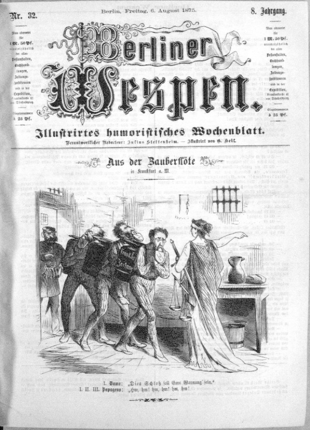 Altes Schwarz-Weiß-Zeitungsbild vom 'Berliner Wespen, 6. August 1875' mit einer Gruppe von Menschen in Not, einige schauen ängstlich hoch und andere verwirrt runter.