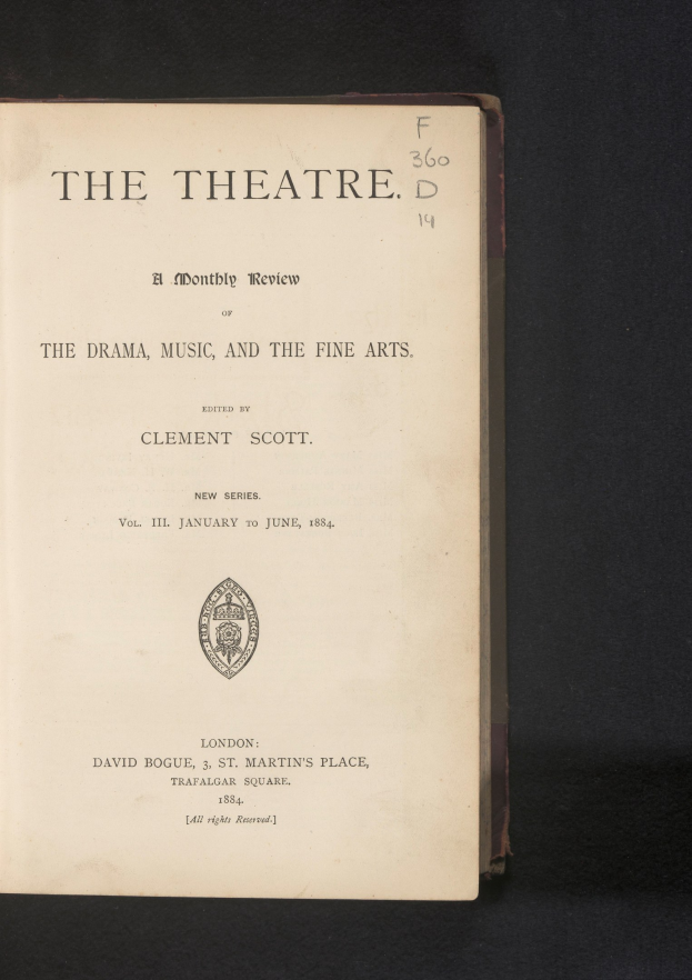 Offenes Buch mit dem Titel "The Theatre: A Monthly Review of the Drama, Music, and the Fine Arts"