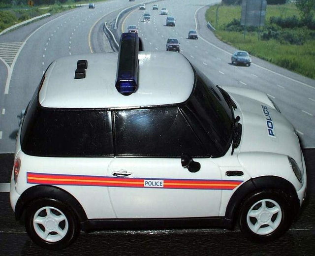 Weißer Polizeiwagen vor bewegendem Verkehr auf einer von Gras und Bäumen gesäumten Straße außerhalb der Stadt.