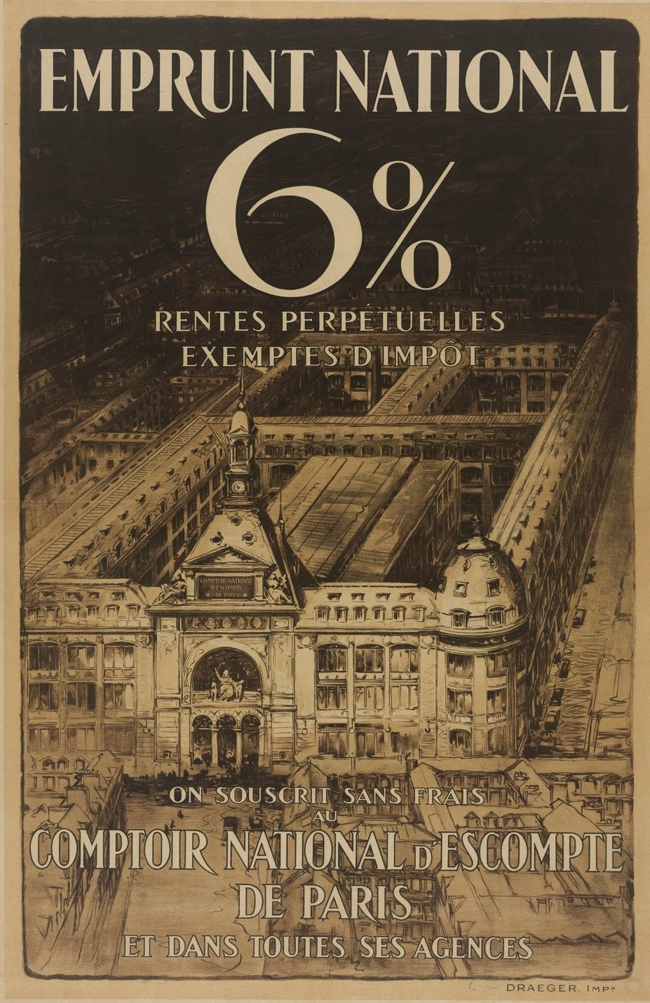Plakat mit einem großen, zweistöckigen Gebäude mit rotem Dach und weißen Wänden, begleitet von zentralem schwarzem Text, der "emprunt national 6% - rentes perpetuelles exemptes impot" auf einem hellblauen Hintergrund liest.