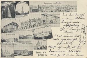 Alte Postkarte mit verschiedenen Abbildungen von Berlin, darunter Gebäude, Bäume und eine Statue, mit handgeschriebener Schrift.