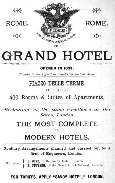 Werbung für das Grand Hotel in Rom, Italien, mit dem Text "Das vollständigste moderne Hotel" und einem Logo mit einem stilisierten Vogel mit ausgebreiteten Flügeln.