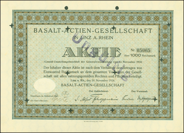 Rahmung alter Aktienbescheinigung ausgestellt von Basalt-Actien-Gesellschaft in Linz, Deutschland mit gedrucktem Text.