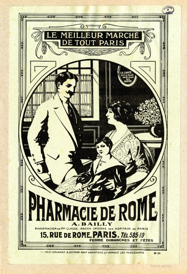 Schwarze-wei├če Reklame für eine Apotheke in Rom, mit einem Mann und einer Frau, die nebeneinander stehen, und Text, der die Apotheke und ihre Dienstleistungen beschreibt.