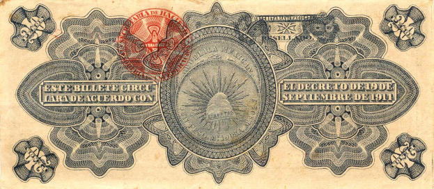 Alte mexikanische Banknote von 1911 mit rotem Stempel, zeigt ein Porträt eines Mannes, Text und Gestaltungselemente.
