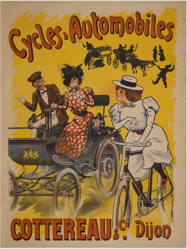 Plakat zur Förderung von Fahrrädern und Automobilen in Cottereau und Dijon, Frankreich, mit Menschen auf Fahrrädern und einer Kutsche mit der Aufschrift "Fahrräder und Automobile" oben.