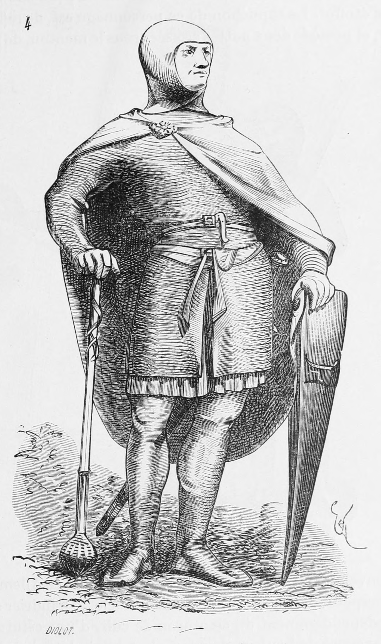 Ein Mann in mittelalterlicher Rüstung, der ein Schwert und einen Schild hält, posiert heldenhaft mit detaillierten Gesichtsmerkmalen und einer starken, stolzen Haltung.