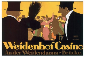 Ein Plakat bewirbt das Weidenhof Casino in Brücke, Deutschland, mit einer farbenfrohen Illustration von tanzenden und feiernden Menschen und dem Schriftzug "Weidenhof" in fetter Schrift oben drauf, eingerahmt von einem schwarzen Rand.