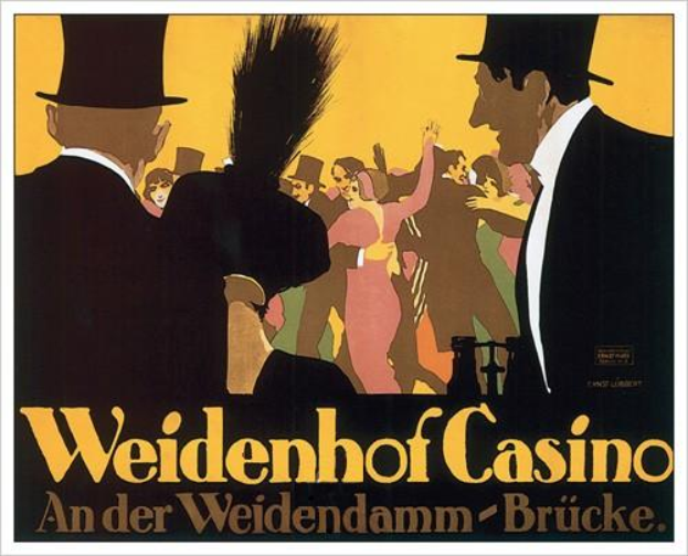 Ein Plakat bewirbt das Weidenhof Casino in Brücke, Deutschland, mit einer farbenfrohen Illustration von tanzenden und feiernden Menschen und dem Schriftzug "Weidenhof" in fetter Schrift oben drauf, eingerahmt von einem schwarzen Rand.