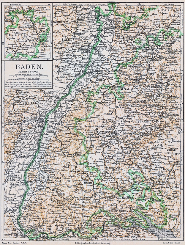 Ausführliche alte Karte von Baden-Württemberg, Deutschland, die Straßen, Städte und geografische Merkmale zeigt mit Text oben und unten auf dem Papier.