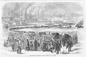 Schwarz-weiß-Zeichnung von Menschen vor einem Fabrikgebäude mit Häusern und Rauch aus Schornsteinen, betitelt "coal-mine disaster in England the final" unten.
