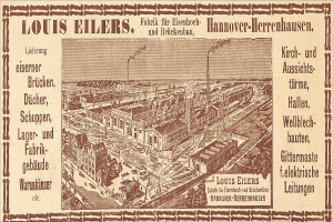 Eine alte Werbung für die Louis Eilers Hannover-Herrenhausen-Fabrik, die das Fabrikgebäude mit darübergelegtem Text zeigt.
