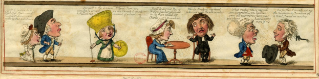 A cartoon of a group of people sitting around a table, one holding an object, with text reading "Friedrich von Bismarck's Cartoon of the Day" on the paper in front of them, engaged in conversation with some gesturing.