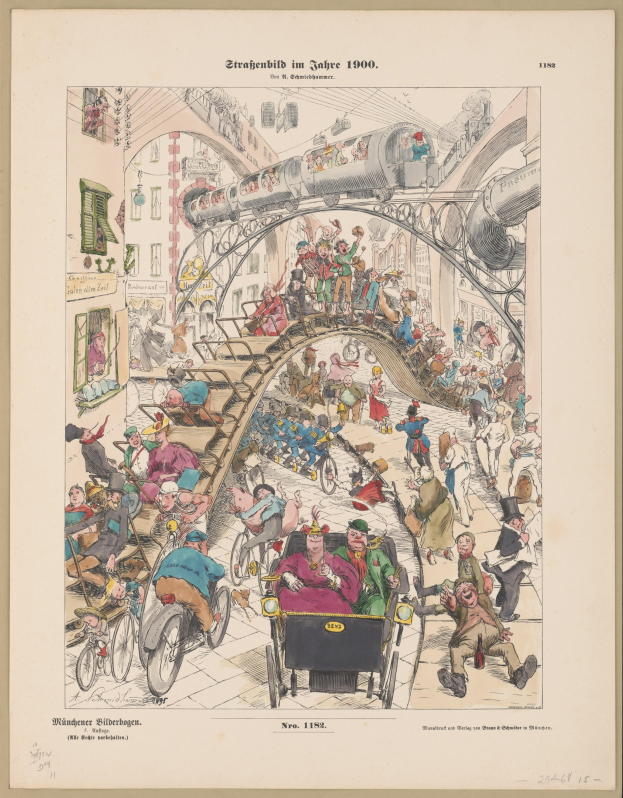 Schwarz-weiß-Illustration einer überfüllten Bahnstation im Jahr 1900, eingerahmt von einem Photo-Rahmen, mit Menschen mit besorgten Gesichtern.