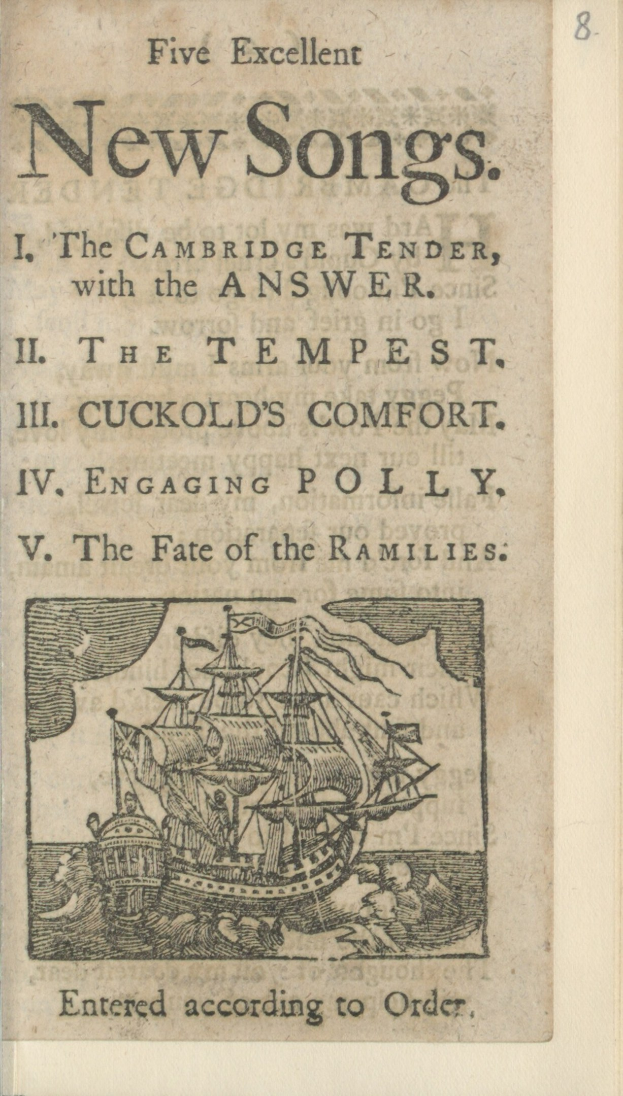 Altes Buchcover mit einem Segelschiff auf Wasser mit blauem Himmel und Wolken, betitelt "Fünf ausgezeichnete neue Lieder."
