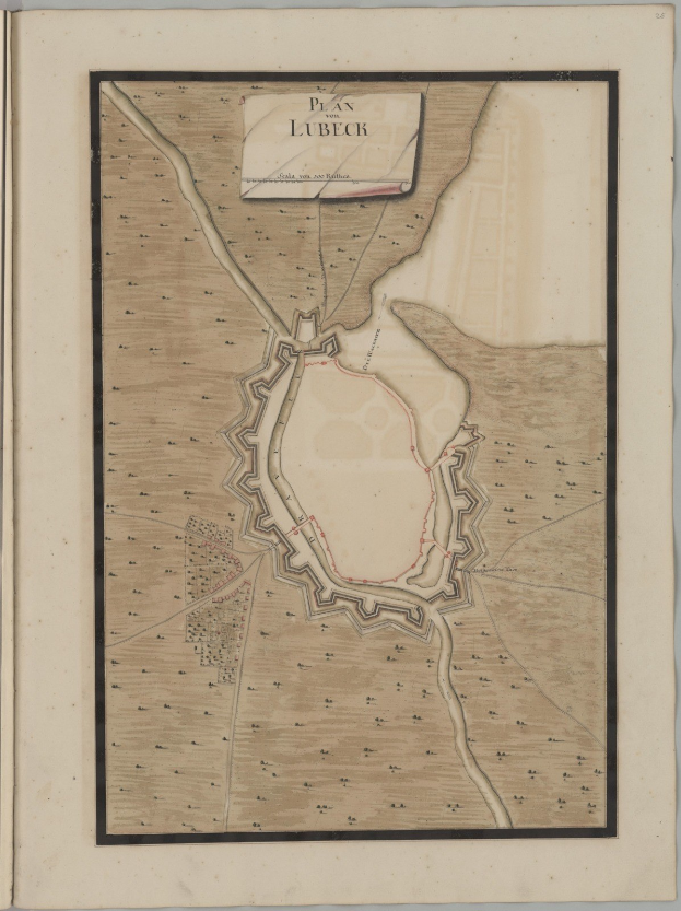 Ein abgenutztes Buch mit einer illustrierten Karte von Lübeck, Deutschland, das Straßen, Gebäude und Sehenswürdigkeiten zeigt und von begleitendem Text über die Geschichte und Kultur der Stadt beschrieben wird.