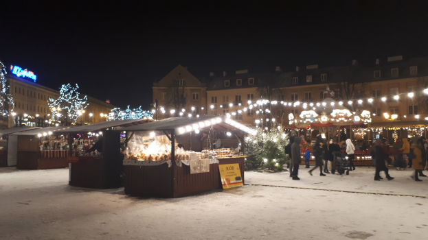 Ein verschneiter Weihnachtsmarkt mit Buden, Pflanzen, Bäumen, Gebäuden, Schildern und Menschen, darunter auch welche mit Kinderwagen, unter wolkenverhangenem Himmel.