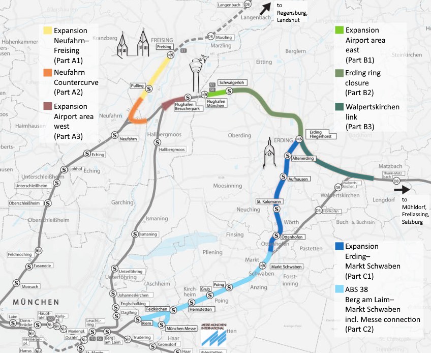 Ein detaillierter Stadtplan mit einer hervorgehobenen Zugroute von München nach Frankfurt, einschließlich Haltestellen, Umgebung und zusätzlicher Zuginformationen.