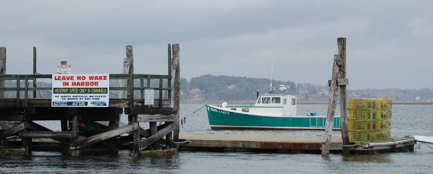 Ein Kai mit Plakaten und Containern, ein Boot auf dem Wasser, Bäume und Gebäude im Hintergrund und der Himmel darüber.