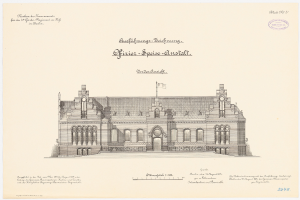 Schwarze und weiße Strichzeichnung des Reichstagsgebäudes, des Hauptsaals des Deutschen Parlaments in Berlin, mit seiner Flagge oben drauf, begleitet von Text.