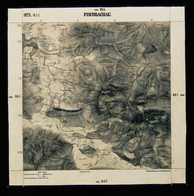 Ein altes topografisches Kartenblatt der Schweizer Alpen auf schwarzem Hintergrund, das Text und Zahlen enthält, die das Gelände detailgetreu darstellen.