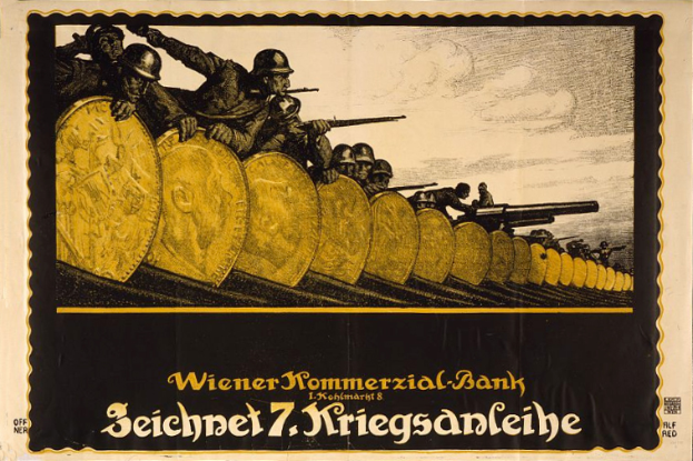 Eine Gruppe von Helmi tragenden Individuen mit Waffen in der Hand, mit "Wiener Kommmerzial Bank" Text unten, auf einem deutschen Weltkriegspropagandaplakat für die deutsche Armee.
